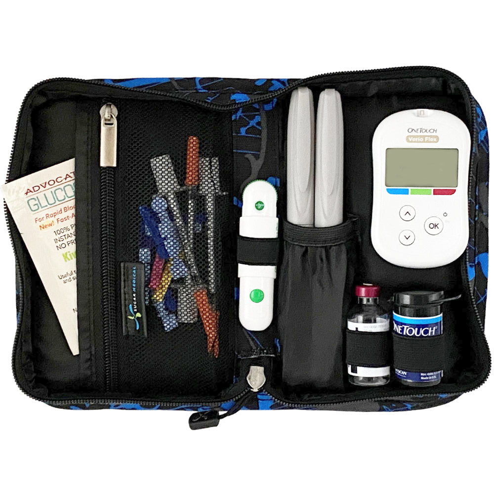 Sugar Medical Diabetes Supply Case II black, blue, and grey splatter pattern inside set up with glucose meter, test strips, lancet, insulin pens and glucose sos. 