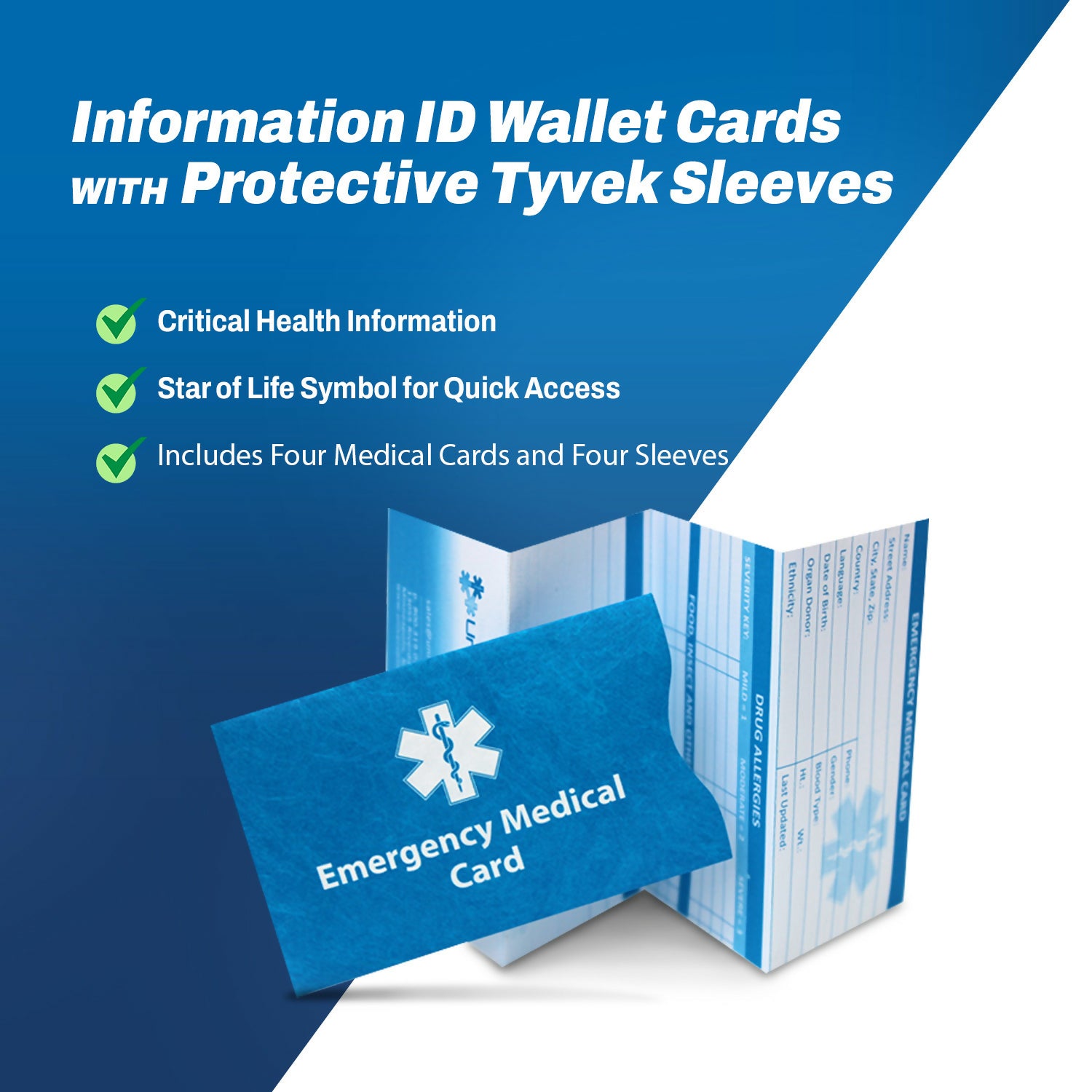 Emergency Medical Cards Includes Protective Sleeves - In Case of Emergency Medical ID Wallet Card - Medical Alert Cards Qty. 4 EMC