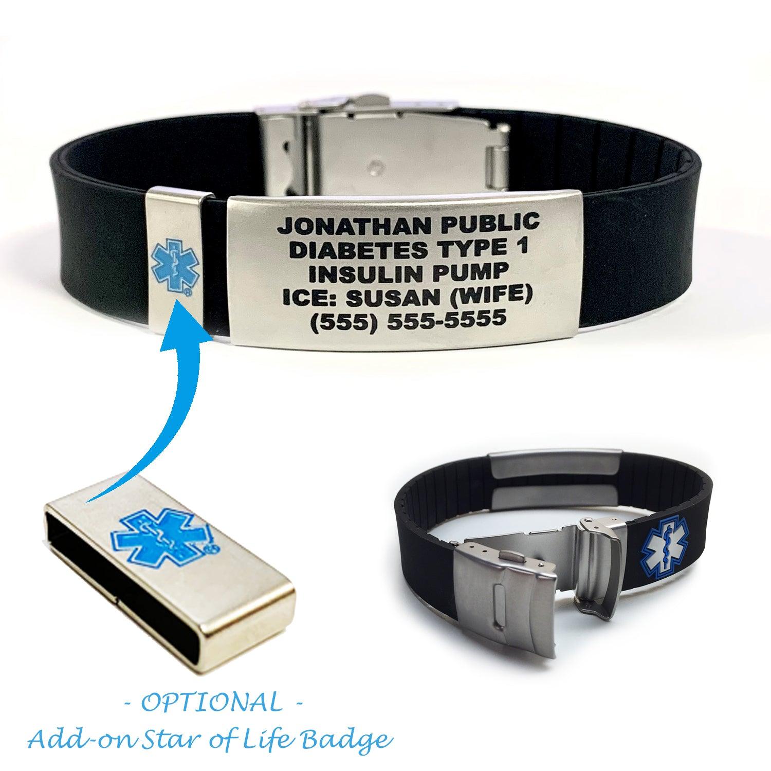 Unisex Black Genuine Leather Custom Engraved Medical Alert ID Bracelet |  Love4Patients