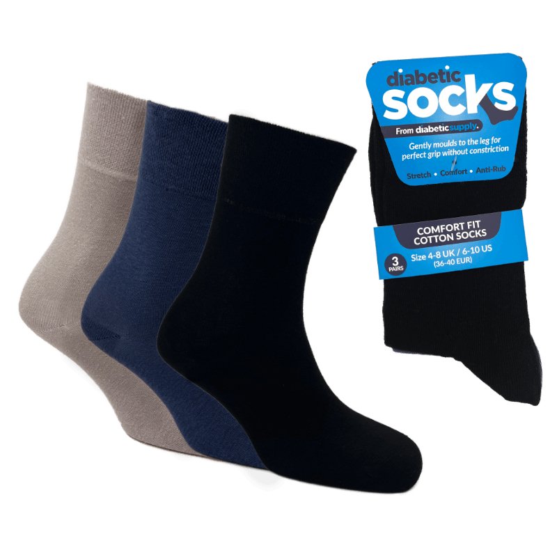 3 Pairs Black/Blue/Grey - Ladies Diabetic Soft Grip Non Elastic Loose Weave Top Diabetic Socks Size 4-8