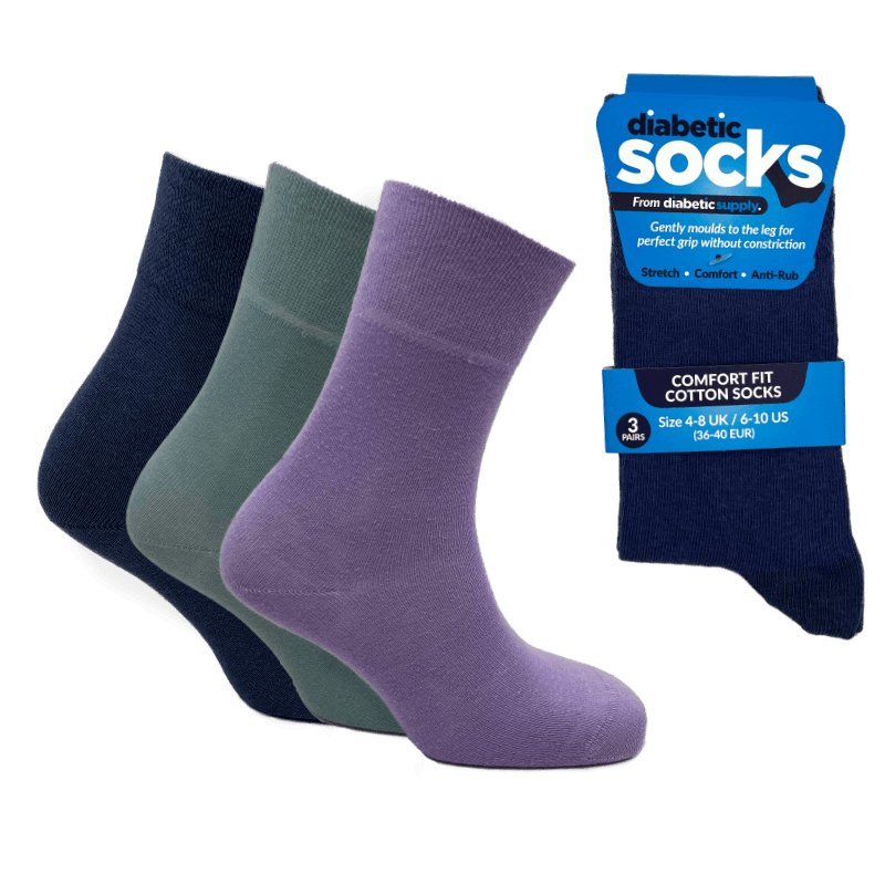 3 Pairs Jewel Mix - Ladies Diabetic Soft Grip Non Elastic Loose Weave Top Diabetic Socks Size 4-8