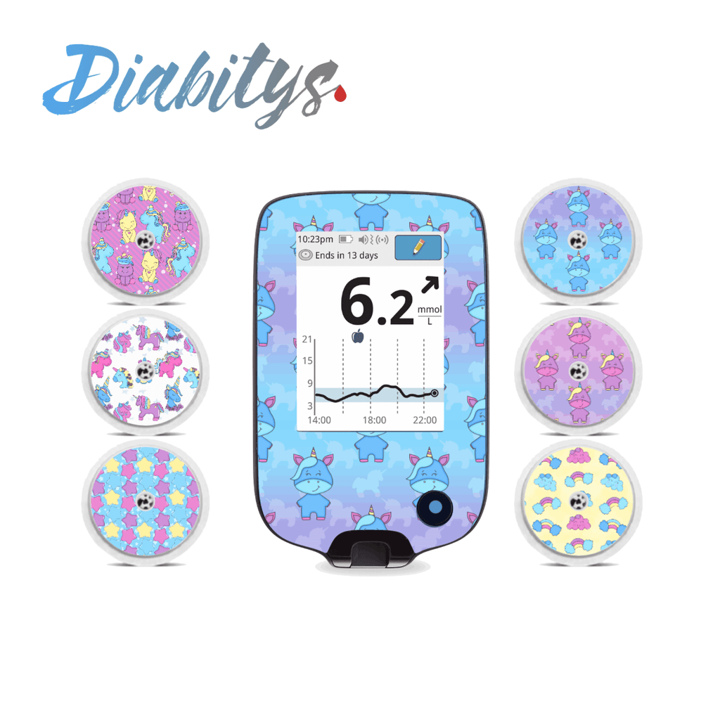 Freestyle Libre 1/2 Reader and 6 Sensor Decals - Cute Unicorns Blue - The Useless Pancreas