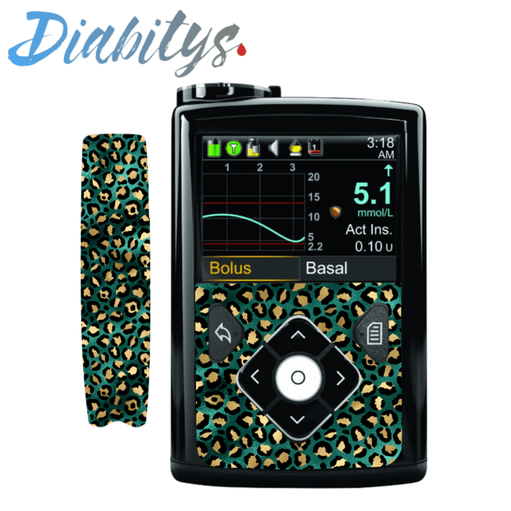 Medtronic 640g, 670g or 780g Insulin Pump Front & Clip Sticker - Teal Leopard - The Useless Pancreas