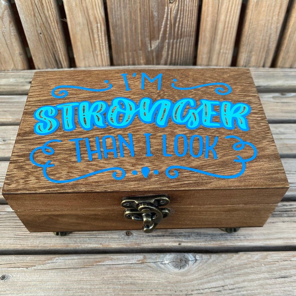 Positive affirmation wood keepsake box. Blue on blue warrior jewelry box. - The Useless Pancreas