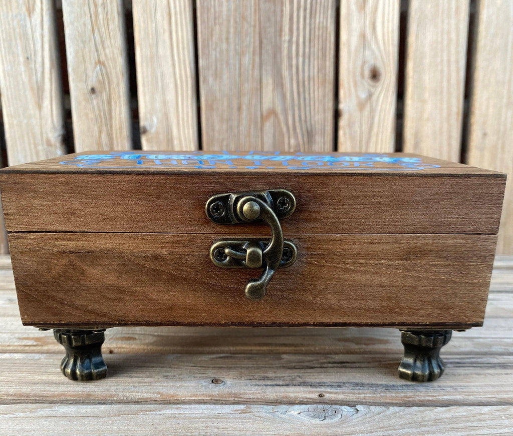 Positive affirmation wood keepsake box. Blue on blue warrior jewelry box. - The Useless Pancreas