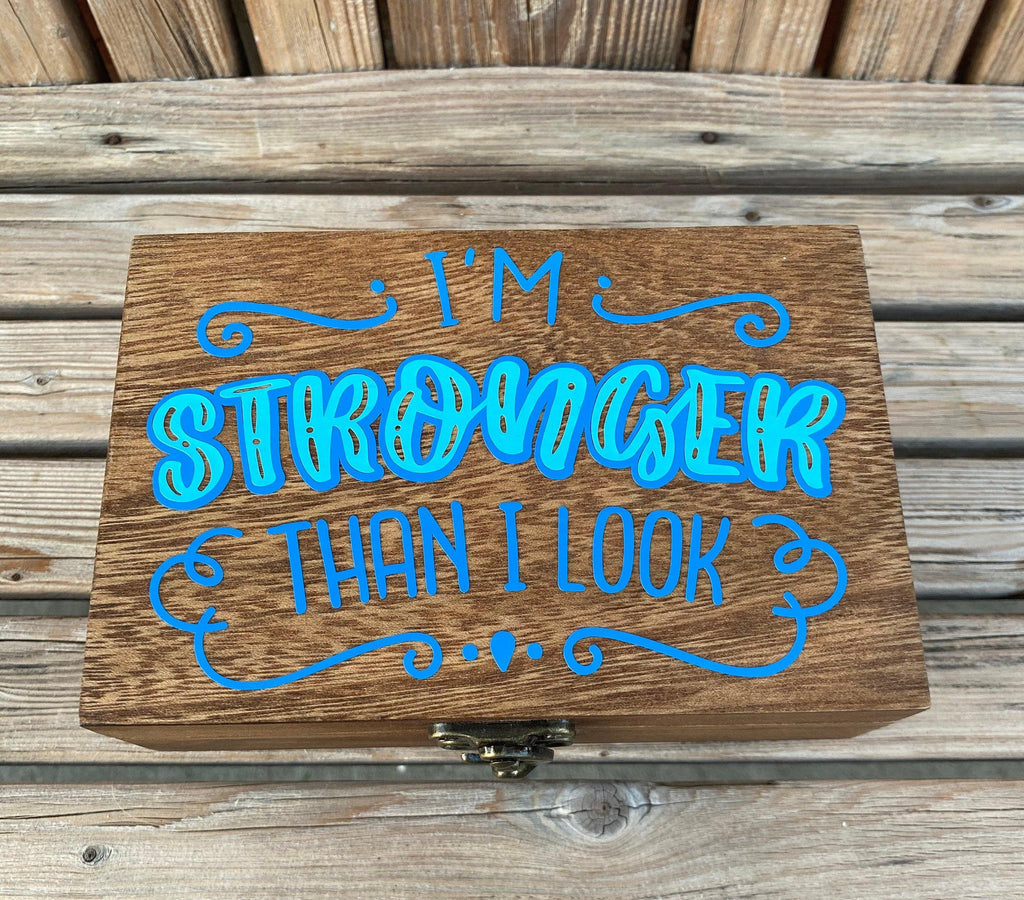 Positive affirmation wood keepsake box. Blue on blue warrior jewelry box. - The Useless Pancreas