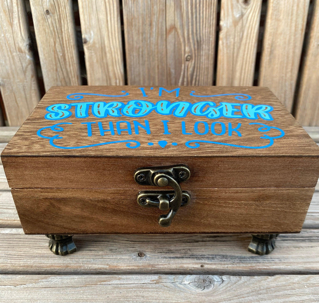 Positive affirmation wood keepsake box. Blue on blue warrior jewelry box. - The Useless Pancreas