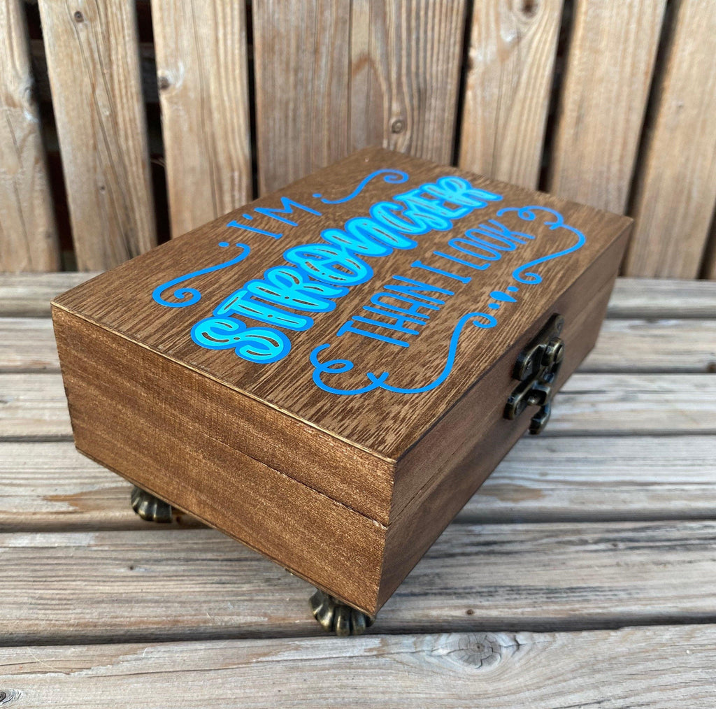 Positive affirmation wood keepsake box. Blue on blue warrior jewelry box. - The Useless Pancreas