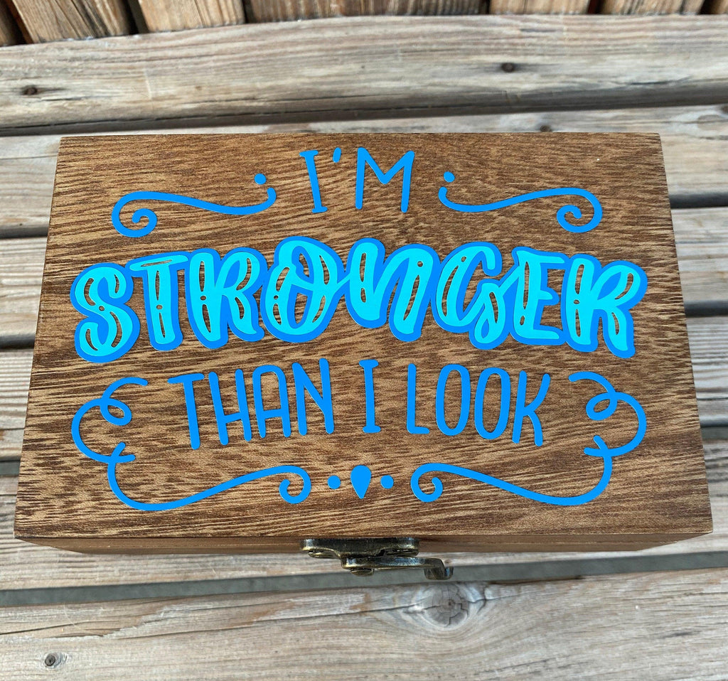 Positive affirmation wood keepsake box. Blue on blue warrior jewelry box. - The Useless Pancreas
