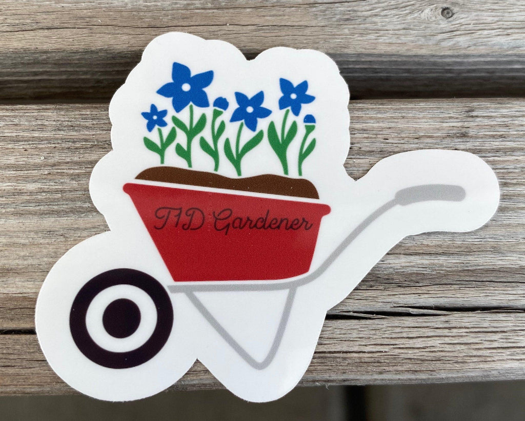 T1D gardener sticker with blue flowers. Type 1 diabetes fun stickers. - The Useless Pancreas