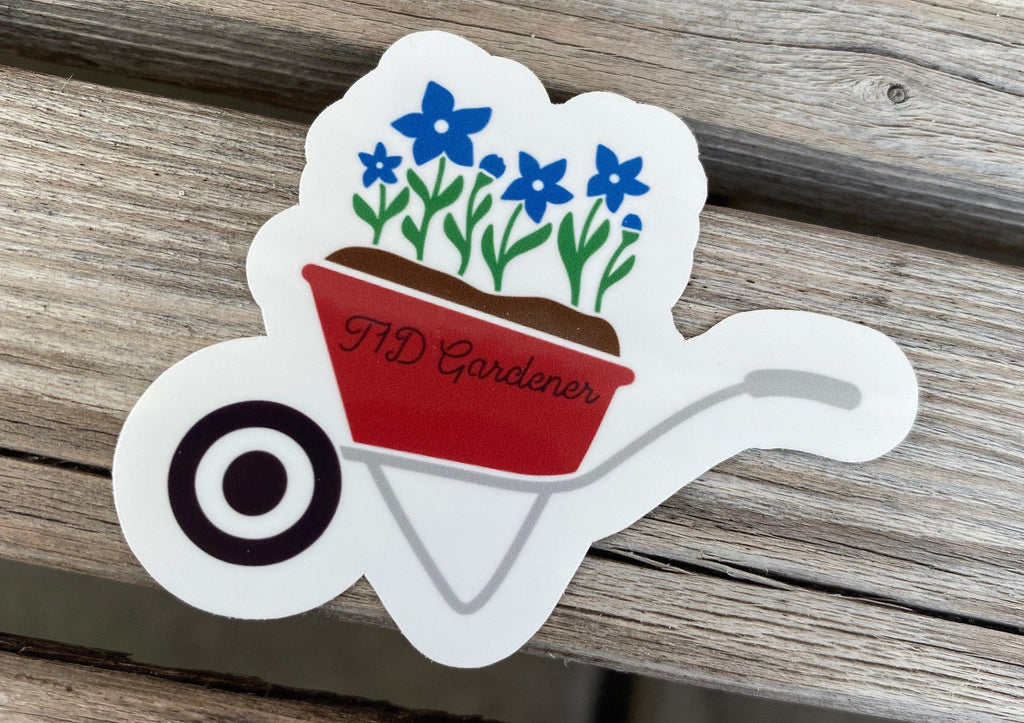 T1D gardener sticker with blue flowers. Type 1 diabetes fun stickers. - The Useless Pancreas