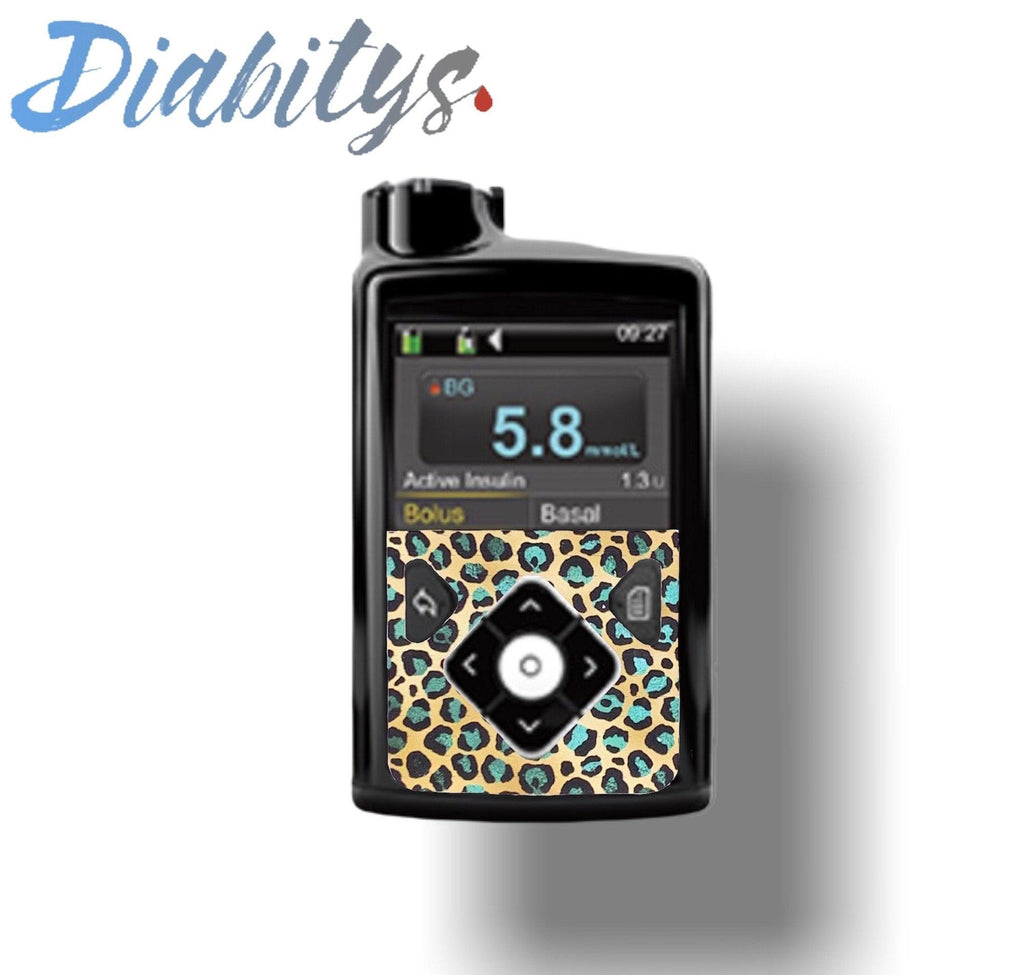 Medtronic 640g, 670g, 780g Insulin Pump Front Decal - Gold & Teal Leopard - The Useless Pancreas