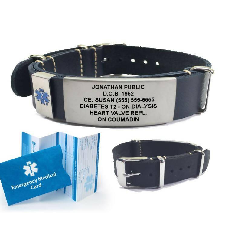 Leather Nato Medical Alert ID Bracelet - Custom Engraved - The Useless Pancreas