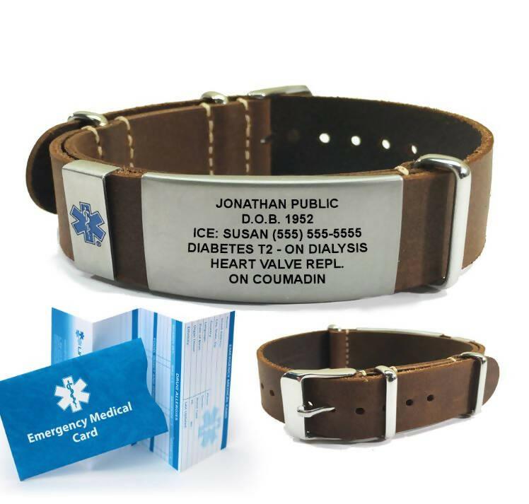 Leather Nato Medical Alert ID Bracelet - Custom Engraved - The Useless Pancreas