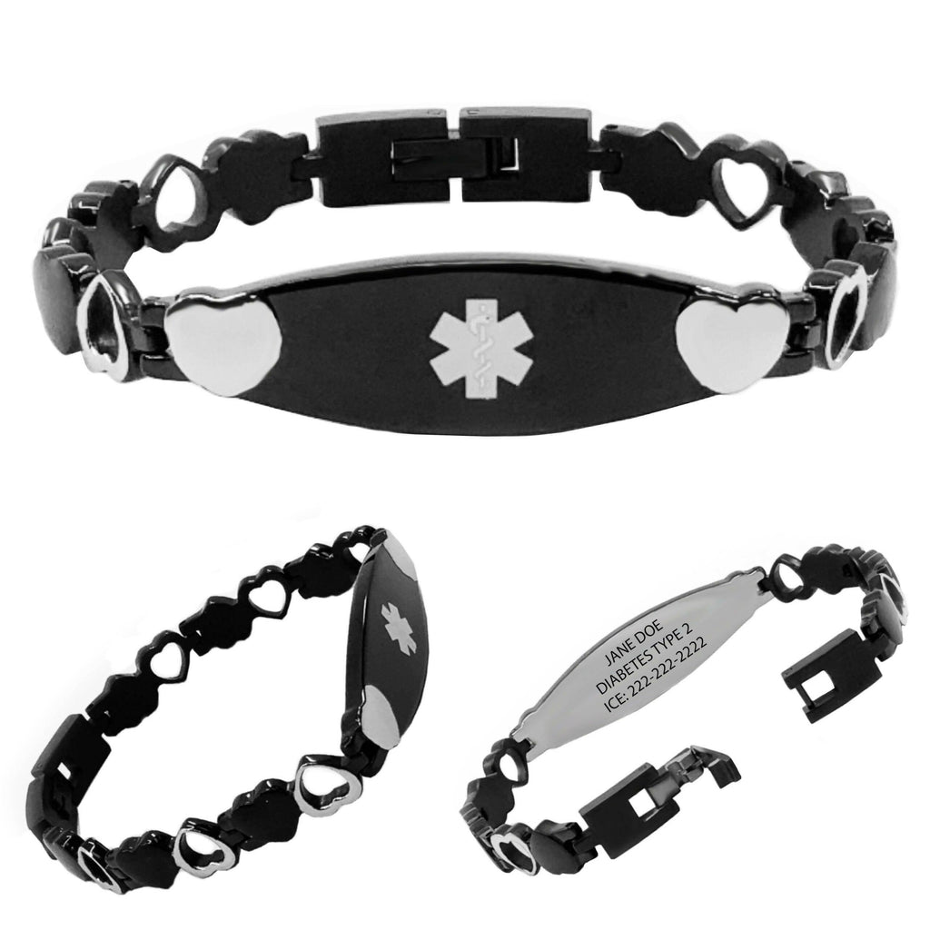 Medical Alert Bracelets for Women, Black and Silver Heart Jewelry: Includes Personalized Engraving, Shipping & Medical Wallet Card. - The Useless Pancreas