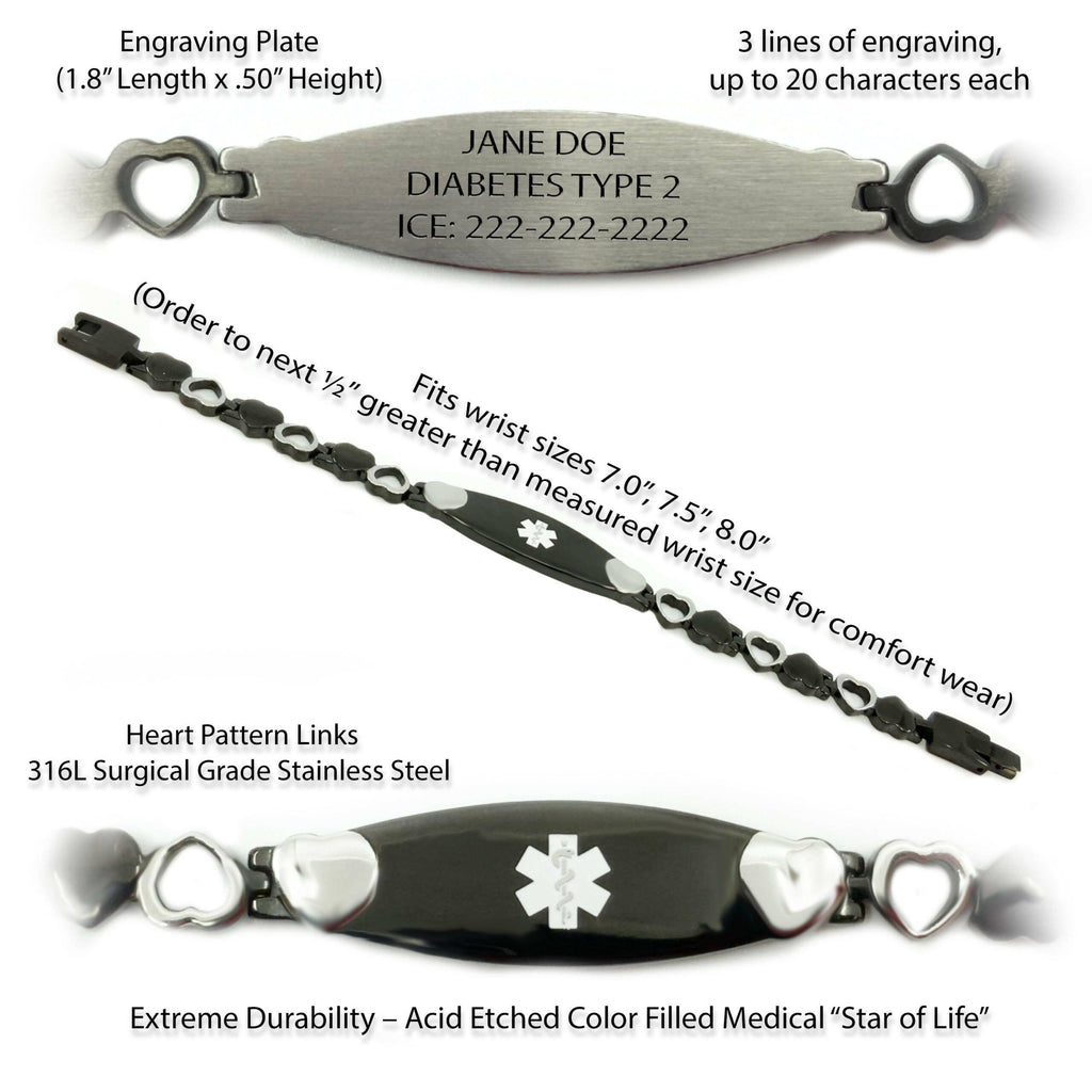 Medical Alert Bracelets for Women, Black and Silver Heart Jewelry: Includes Personalized Engraving, Shipping & Medical Wallet Card. - The Useless Pancreas
