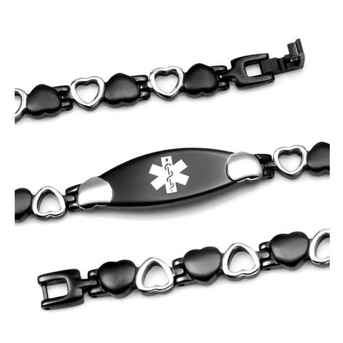 Medical Alert Bracelets for Women, Black and Silver Heart Jewelry: Includes Personalized Engraving, Shipping & Medical Wallet Card. - The Useless Pancreas