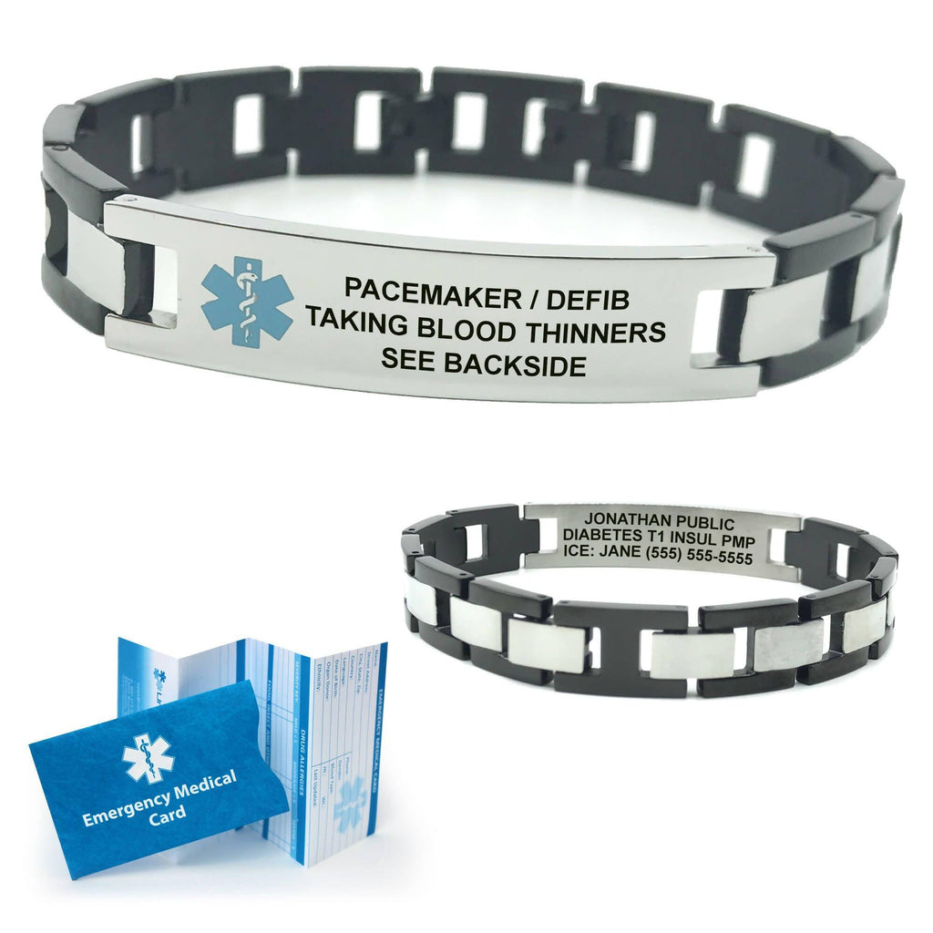 Stainless Steel Box Link Medical Alert ID Bracelet with Black Accents - The Useless Pancreas