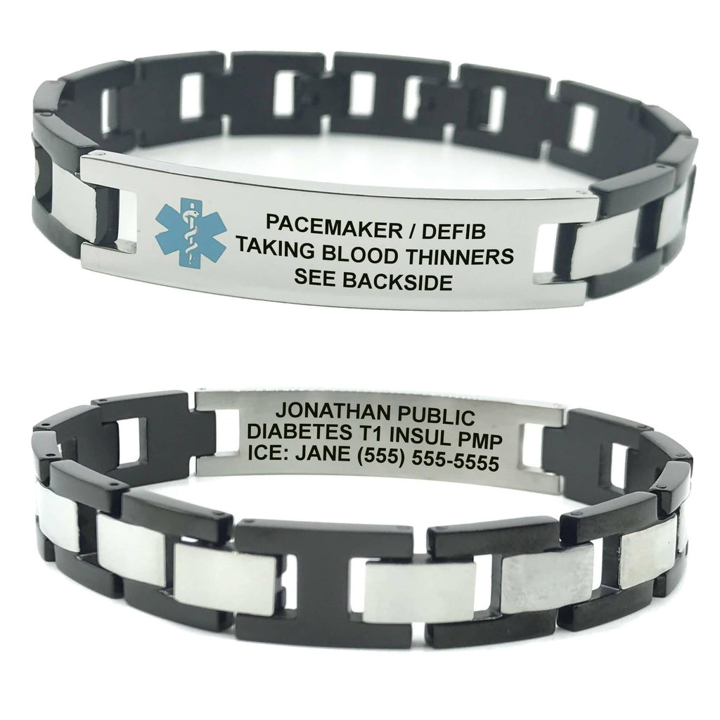 Stainless Steel Box Link Medical Alert ID Bracelet with Black Accents - The Useless Pancreas
