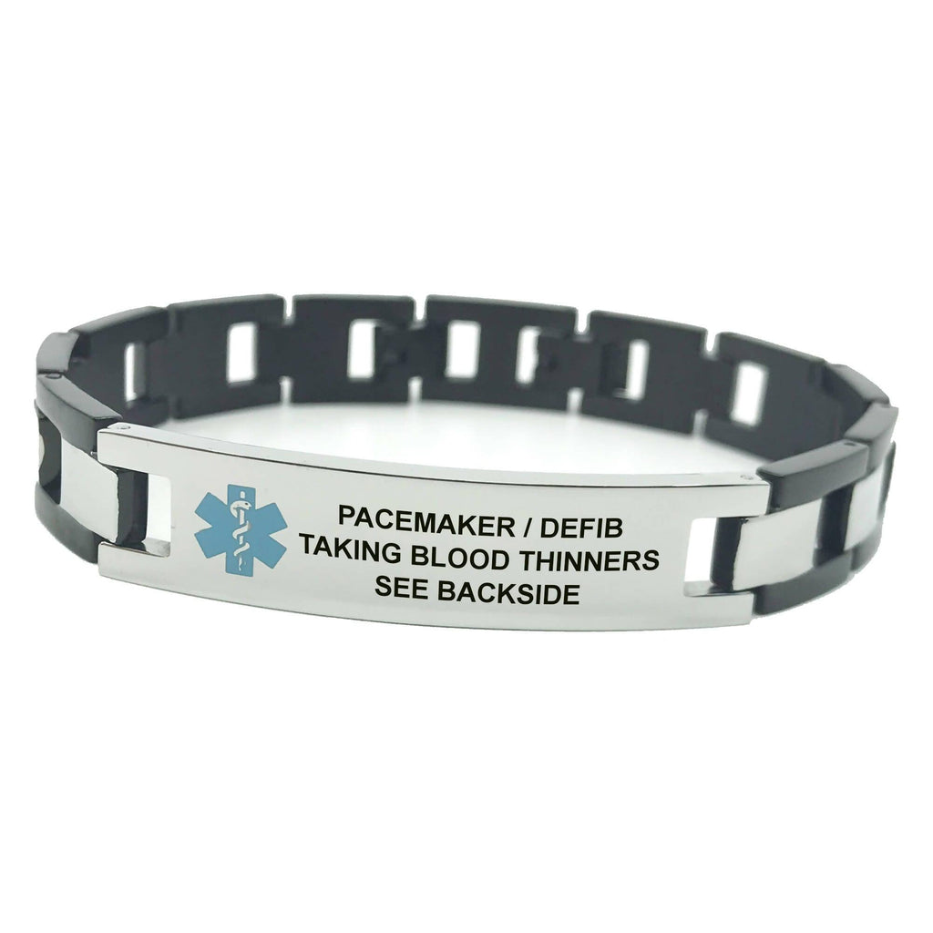 Stainless Steel Box Link Medical Alert ID Bracelet with Black Accents - The Useless Pancreas