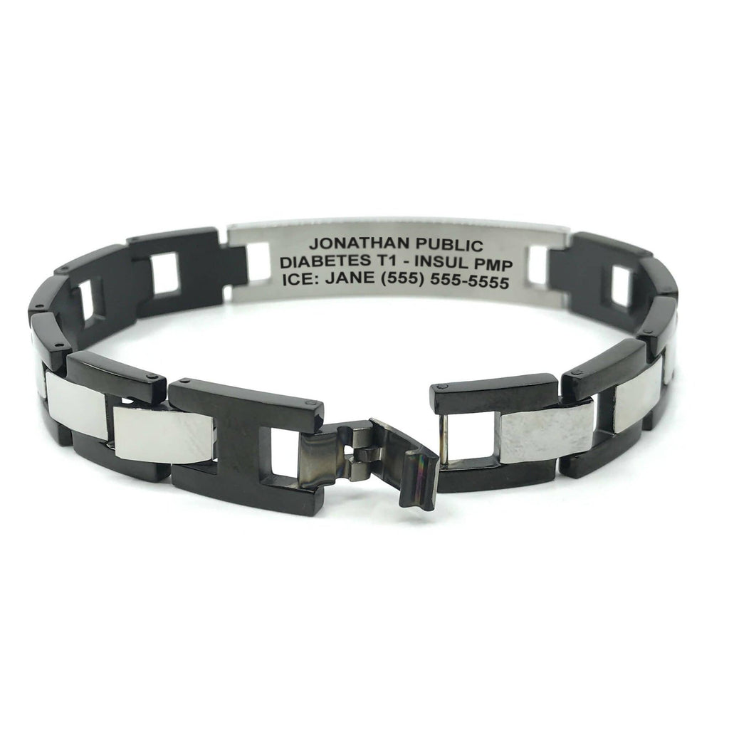 Stainless Steel Box Link Medical Alert ID Bracelet with Black Accents - The Useless Pancreas