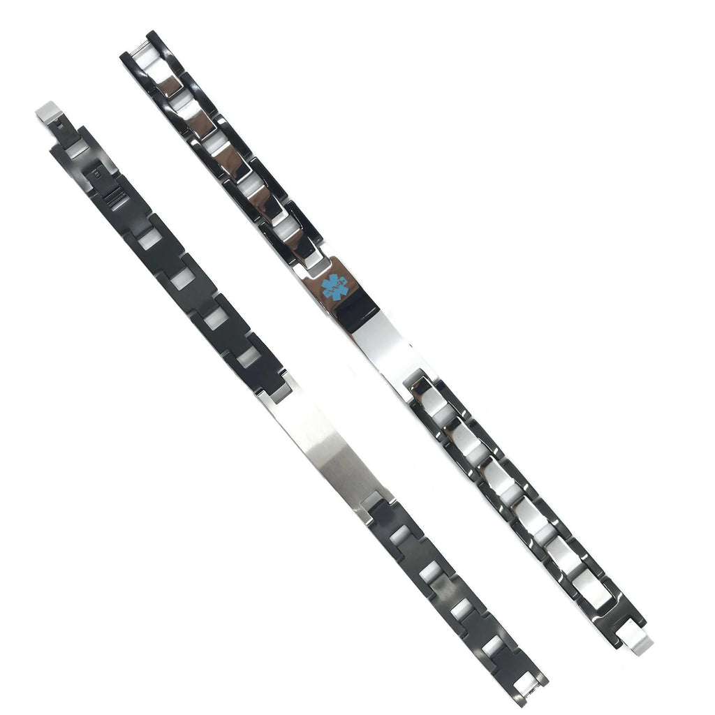Stainless Steel Box Link Medical Alert ID Bracelet with Black Accents - The Useless Pancreas