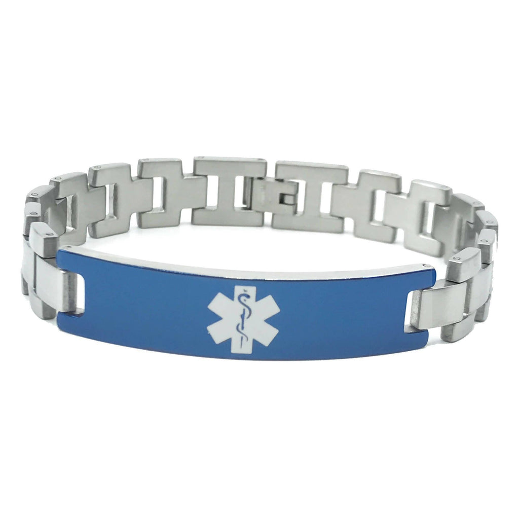 Stainless Steel Box Link Medical Alert ID Bracelet with Translucent Blue Accents - The Useless Pancreas