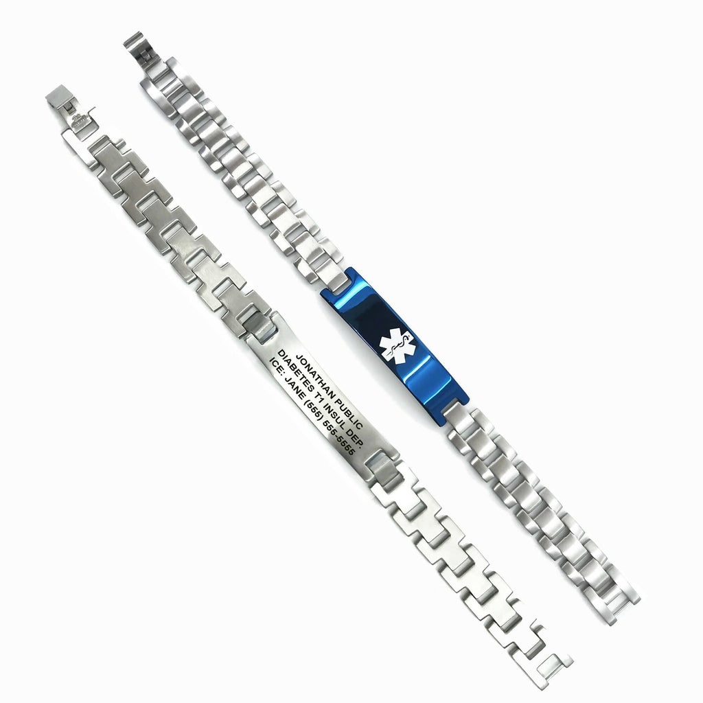 Stainless Steel Box Link Medical Alert ID Bracelet with Translucent Blue Accents - The Useless Pancreas